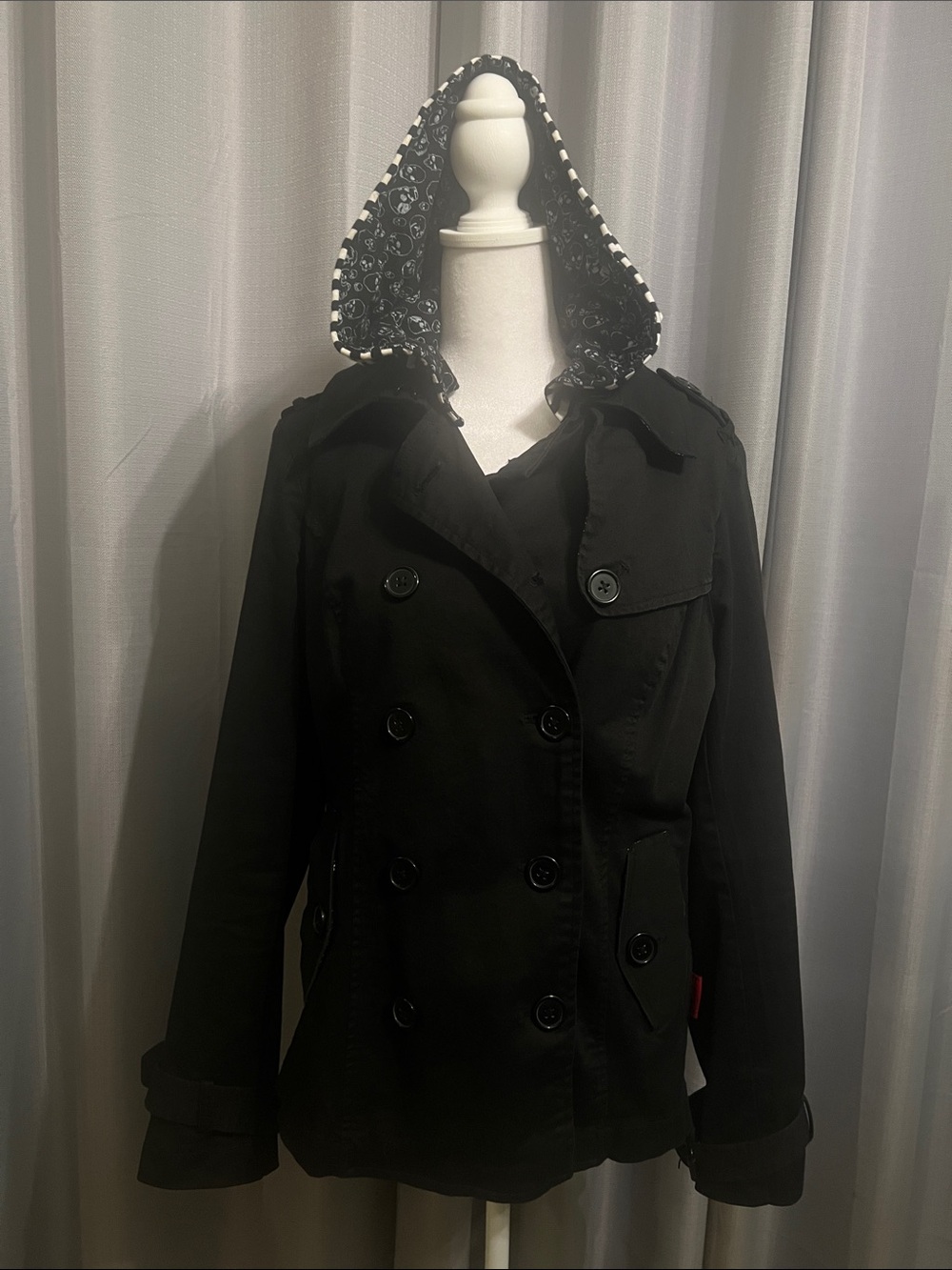 Tripp NYC Vintage Skull Striped Hooded Peacoat Jacket Black Goth Grunge Punk L